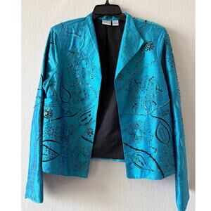 BLEU BAYOU 100% SILK Open Front Embellished Sequins Blazer Jacket Women’s Large